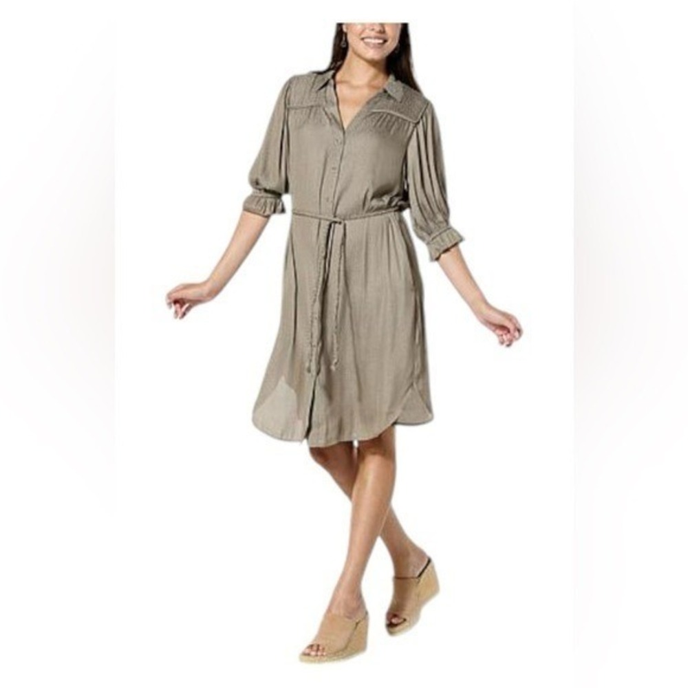 Democracy Women's Hammered Satin Lantern-Sleeve Shirtdress Olive - 1X